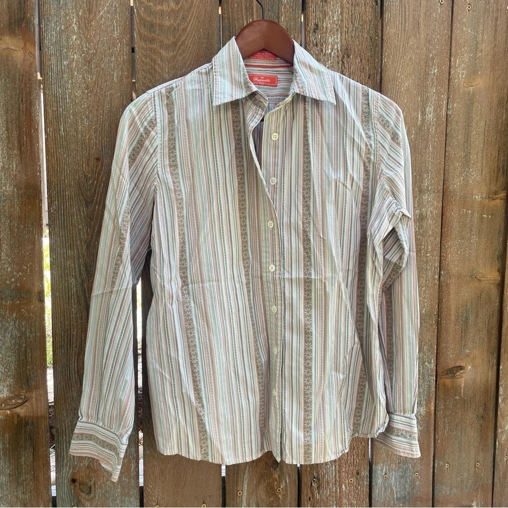 FACONNABLE Women’s Green Orange Floral Stripe Long Sleeve Button Down Size Small